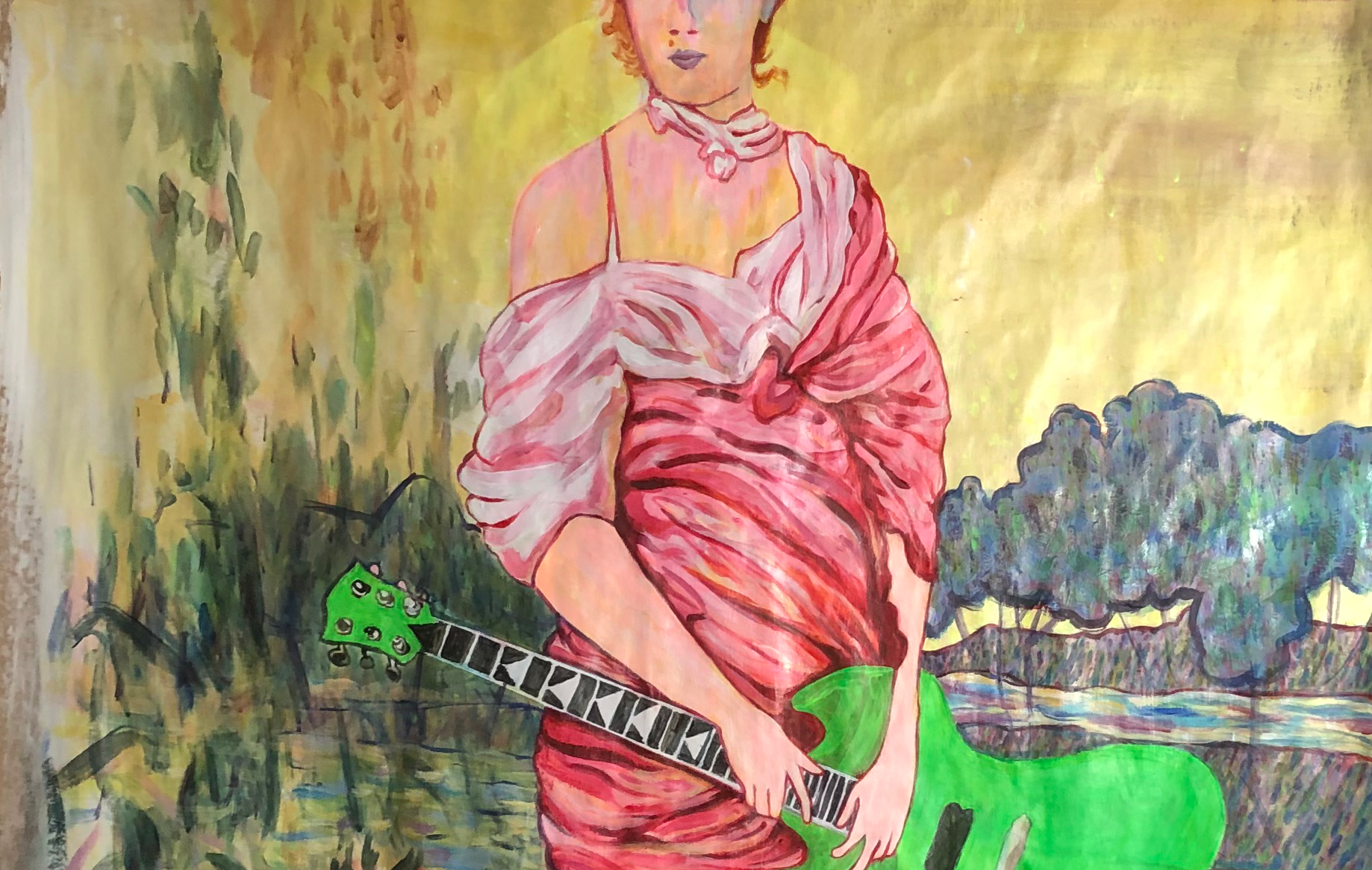 a painting of a fictitious antique shop painting of a woman with a transparent green electric guitar