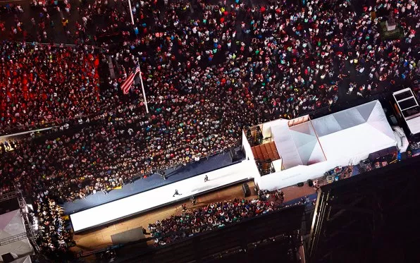 overhead shot of a runway show in times square