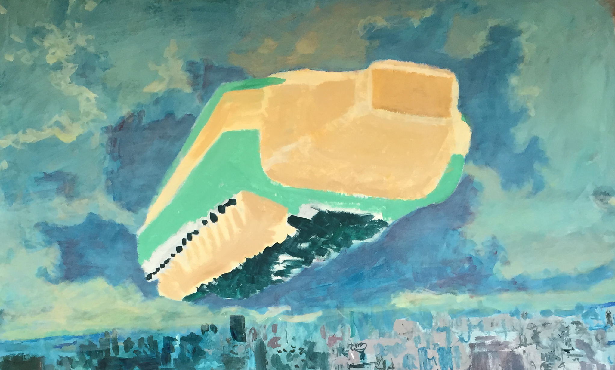 a painting of a giant melodica flying over a city