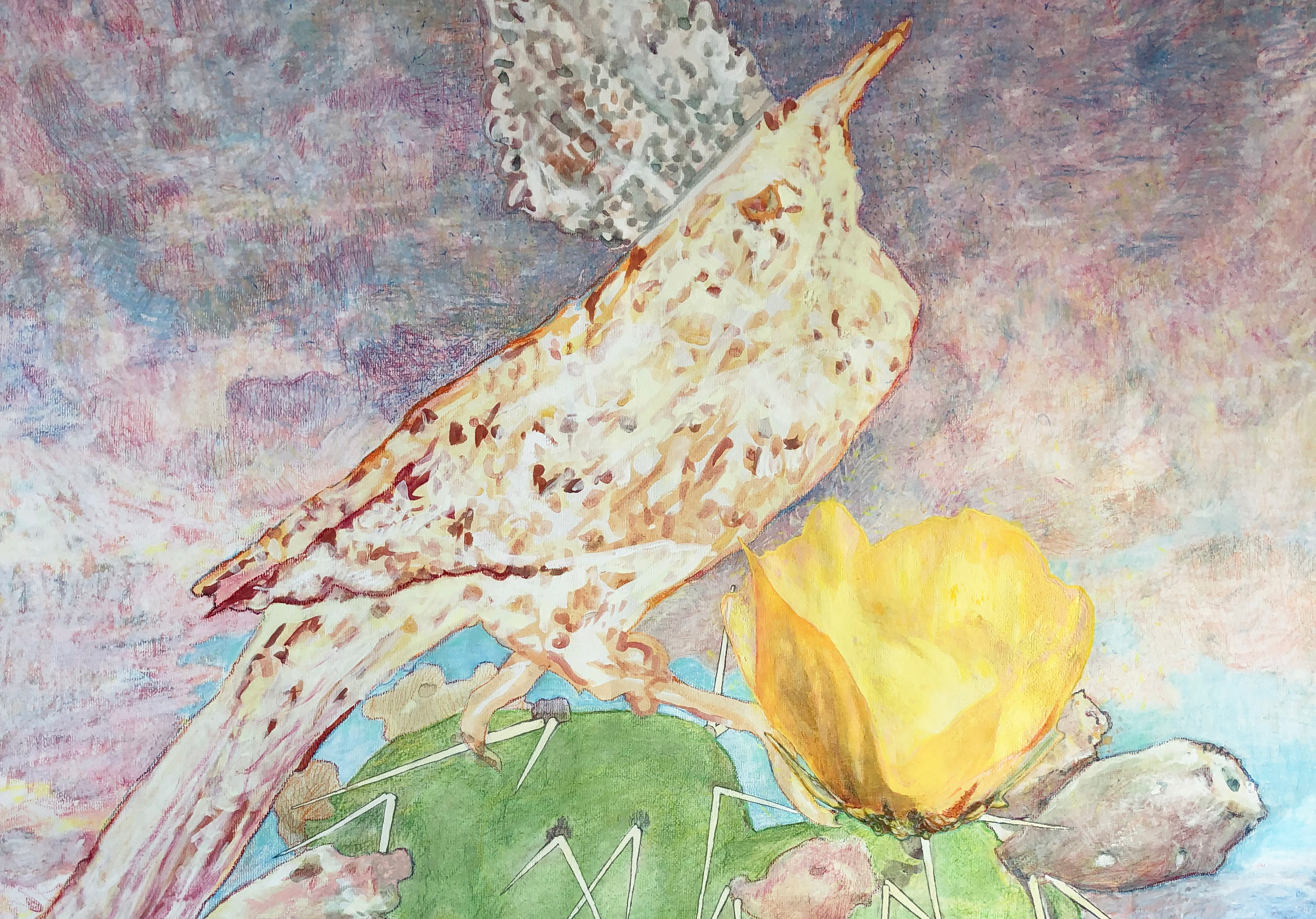a painting of a cactus wren on a floating heart-shaped prickley pear cactus in front of a wild sky